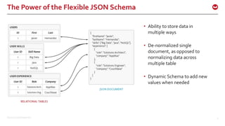 ©2015 Couchbase Inc. 4
The Power of the Flexible JSON Schema
• Ability to store data in
multiple ways
• De-normalized single
document, as opposed to
normalizing data across
multiple table
• Dynamic Schema to add new
values when needed
 