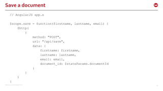 ©2015 Couchbase Inc. 40
Save a document
// AngularJS app.s
$scope.save = function(firstname, lastname, email) {
$http(
{
method: "POST",
url: "/api/save",
data: {
firstname: firstname,
lastname: lastname,
email: email,
document_id: $stateParams.documentId
}
}
)
}
 