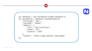©2015 Couchbase Inc. 56
var database = new Couchbase("nraboy-database");
var documentId = database.createDocument({
"firstname": "Nic",
"lastname": "Raboy",
"address": {
"city": "San Francisco",
"state": "CA",
"country": "USA"
}
"twitter": "https://www.twitter.com/nraboy"
});
 
