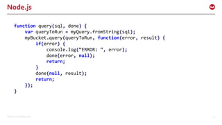 ©2016 Couchbase Inc. 26
Node.js
function query(sql, done) {
var queryToRun = myQuery.fromString(sql);
myBucket.query(queryToRun, function(error, result) {
if(error) {
console.log(“ERROR: “, error);
done(error, null);
return;
}
done(null, result);
return;
});
}
 