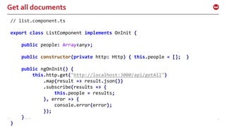 ©2016 Couchbase Inc. 37
Get all documents
// list.component.ts
export class ListComponent implements OnInit {
public people: Array<any>;
public constructor(private http: Http) { this.people = []; }
public ngOnInit() {
this.http.get("http://localhost:3000/api/getAll")
.map(result => result.json())
.subscribe(results => {
this.people = results;
}, error => {
console.error(error);
});
}
}
 