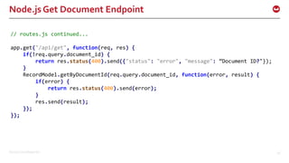 ©2016 Couchbase Inc. 46
Node.js Get Document Endpoint
// routes.js continued...
app.get("/api/get", function(req, res) {
if(!req.query.document_id) {
return res.status(400).send({"status": "error", "message": ”Document ID?"});
}
RecordModel.getByDocumentId(req.query.document_id, function(error, result) {
if(error) {
return res.status(400).send(error);
}
res.send(result);
});
});
 