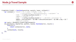 ©2016 Couchbase Inc. 54
Node.jsTravel Sample
FlightPath.findAll = function(queryFrom, queryTo, leave, callback) {
var statement = "SELECT r.id, a.name, s.flight, s.utc, " +
" r.sourceairport, r.destinationairport, r.equipment " +
"FROM `" + config.couchbase.bucket + "` r" +
"UNNEST r.schedule s " +
"JOIN `" + config.couchbase.bucket + "` a ON KEYS r.airlineid " +
"WHERE r.sourceairport = $1 AND r.destinationairport = $2 AND s.day = $3 ”
"ORDER BY a.name";
var query = N1qlQuery.fromString(statement);
db.query(query, [queryFrom, queryTo, leave], function(error, result) {
if(error) {
return callback(error, null);
}
callback(null, result);
});
};
 