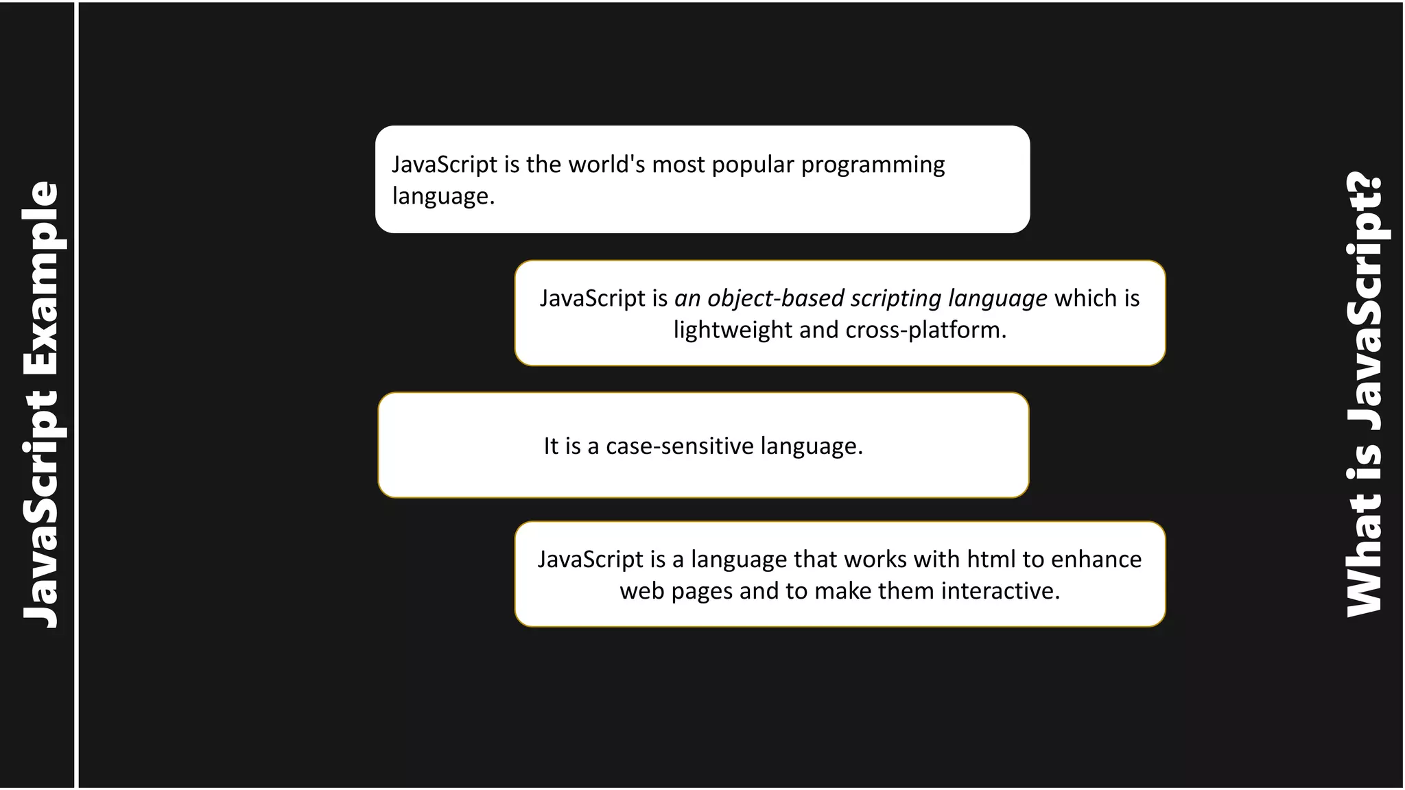 What is JavaScript? JavaScript Example JavaScript is the world's most popular programming language. JavaScript is an object-based scripting language which is lightweight and cross-platform. It is a case-sensitive language. JavaScript is a language that works with html to enhance web pages and to make them interactive. 