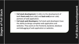 Full
Stack
Development
Stages
of
Full
Stack
• Full stack development: It refers to the development of
both front end(client side) and back end(server side)
portions of web application.
• Full stack web Developers: Full stack web developers have
the ability to design complete web application and
websites. They work on the frontend, backend, database
and debugging of web application or websites.
 