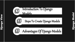 Django
Model
Django
View
Introduction To Django
Models
Advantages Of Django Models
Steps To Create Django Models
 