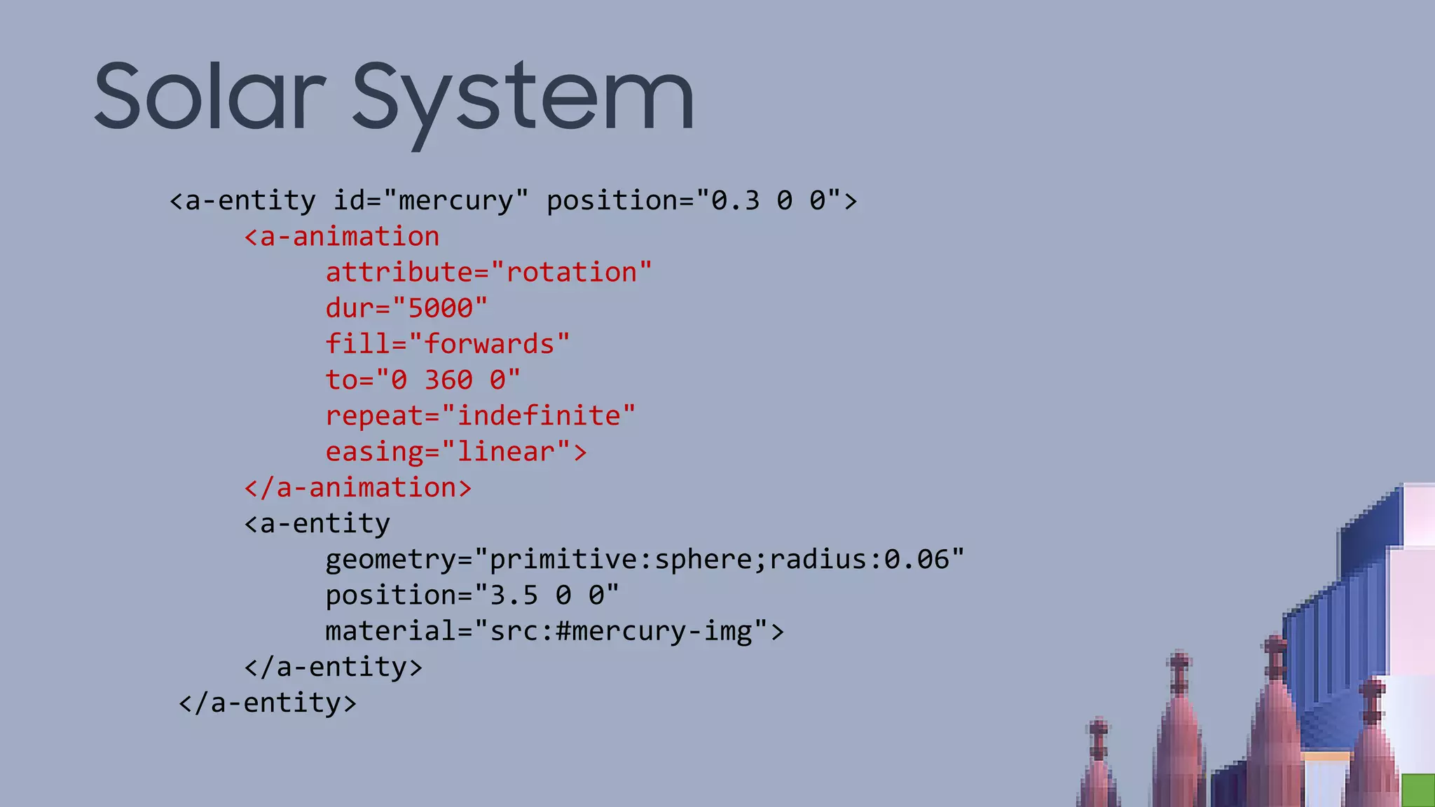 Solar System
<a-entity id="mercury" position="0.3 0 0">
<a-animation
attribute="rotation"
dur="5000"
fill="forwards"
to="0 360 0"
repeat="indefinite"
easing="linear">
</a-animation>
<a-entity
geometry="primitive:sphere;radius:0.06"
position="3.5 0 0"
material="src:#mercury-img">
</a-entity>
</a-entity>
 
