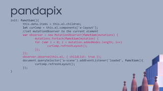 pandapix
init: function(){
this.data.items = this.el.children;
let curComp = this.el.components['a-layout’];
//set mutationObserver to the current element
var observer = new MutationObserver(function(mutations) {
mutations.forEach(function(mutation) {
for (var i = 0; i < mutation.addedNodes.length; i++)
curComp.refreshLayout();
});
});
observer.observe(this.el, { childList: true });
document.querySelector('a-scene').addEventListener('loaded', function(){
curComp.refreshLayout();
});
}
 