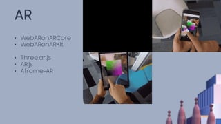 AR
• WebARonARCore
• WebARonARKit
• Three.ar.js
• AR.js
• Aframe-AR
 