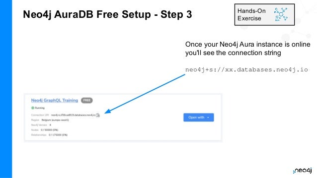 Neo4j AuraDB Free Setup - Step 3 Hands-On
Exercise
Once your Neo4j Aura instance is online
you'll see the connection string
neo4j+s://xx.databases.neo4j.io
 