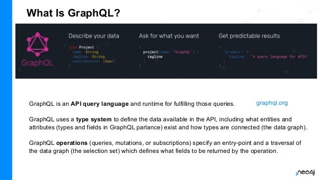 What Is GraphQL?
GraphQL is an API query language and runtime for fulfilling those queries.
GraphQL uses a type system to define the data available in the API, including what entities and
attributes (types and fields in GraphQL parlance) exist and how types are connected (the data graph).
GraphQL operations (queries, mutations, or subscriptions) specify an entry-point and a traversal of
the data graph (the selection set) which defines what fields to be returned by the operation.
graphql.org
 