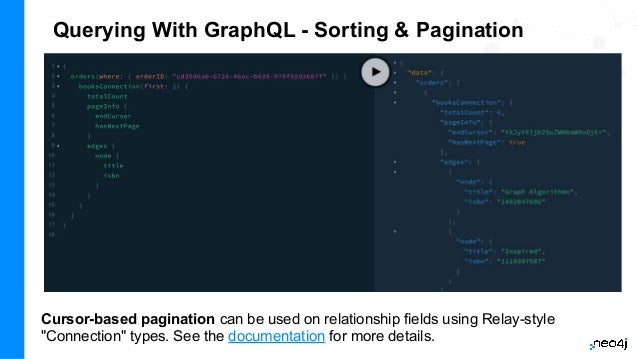 Querying With GraphQL - Sorting & Pagination
Cursor-based pagination can be used on relationship fields using Relay-style
"Connection" types. See the documentation for more details.
 