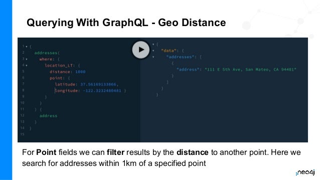 Querying With GraphQL - Geo Distance
For Point fields we can filter results by the distance to another point. Here we
search for addresses within 1km of a specified point
 