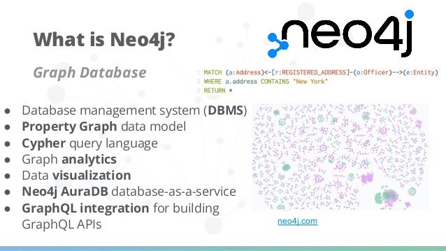 Graph Database
● Database management system (DBMS)
● Property Graph data model
● Cypher query language
● Graph analytics
● Data visualization
● Neo4j AuraDB database-as-a-service
● GraphQL integration for building
GraphQL APIs
What is Neo4j?
neo4j.com
 
