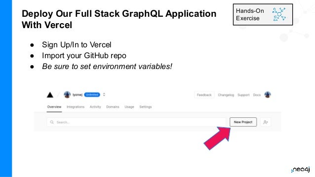 Deploy Our Full Stack GraphQL Application
With Vercel
● Sign Up/In to Vercel
● Import your GitHub repo
● Be sure to set environment variables!
Hands-On
Exercise
 