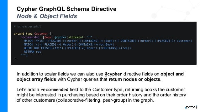 Cypher GraphQL Schema Directive
Node & Object Fields
In addition to scalar fields we can also use @cypher directive fields on object and
object array fields with Cypher queries that return nodes or objects.
Let’s add a recommended field to the Customer type, returning books the customer
might be interested in purchasing based on their order history and the order history
of other customers (collaborative-filtering, peer-group) in the graph.
 