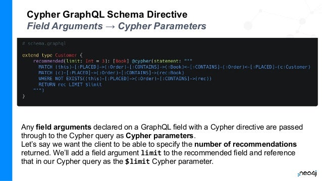 Cypher GraphQL Schema Directive
Field Arguments → Cypher Parameters
Any field arguments declared on a GraphQL field with a Cypher directive are passed
through to the Cypher query as Cypher parameters.
Let’s say we want the client to be able to specify the number of recommendations
returned. We’ll add a field argument limit to the recommended field and reference
that in our Cypher query as the $limit Cypher parameter.
 