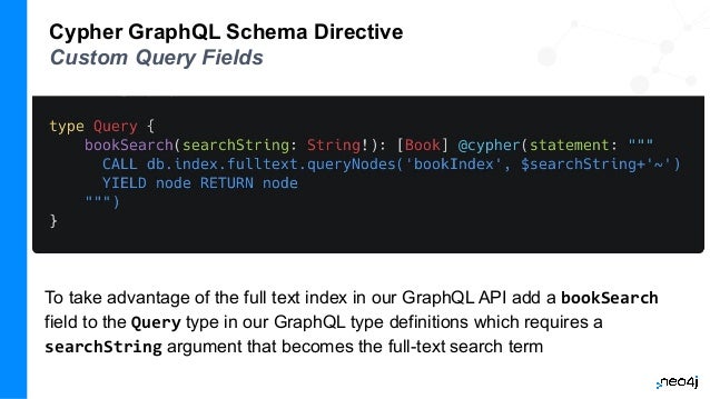 Cypher GraphQL Schema Directive
Custom Query Fields
To take advantage of the full text index in our GraphQL API add a bookSearch
field to the Query type in our GraphQL type definitions which requires a
searchString argument that becomes the full-text search term
 