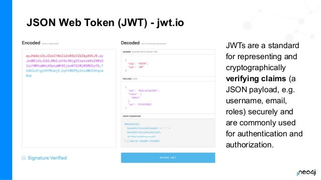 JSON Web Token (JWT) - jwt.io
JWTs are a standard
for representing and
cryptographically
verifying claims (a
JSON payload, e.g.
username, email,
roles) securely and
are commonly used
for authentication and
authorization.
 