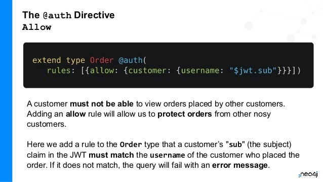 The @auth Directive
Allow
A customer must not be able to view orders placed by other customers.
Adding an allow rule will allow us to protect orders from other nosy
customers.
Here we add a rule to the Order type that a customer’s "sub" (the subject)
claim in the JWT must match the username of the customer who placed the
order. If it does not match, the query will fail with an error message.
 