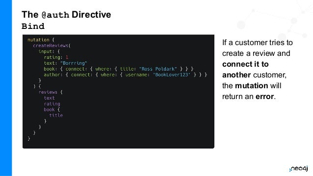 The @auth Directive
Bind
If a customer tries to
create a review and
connect it to
another customer,
the mutation will
return an error.
 