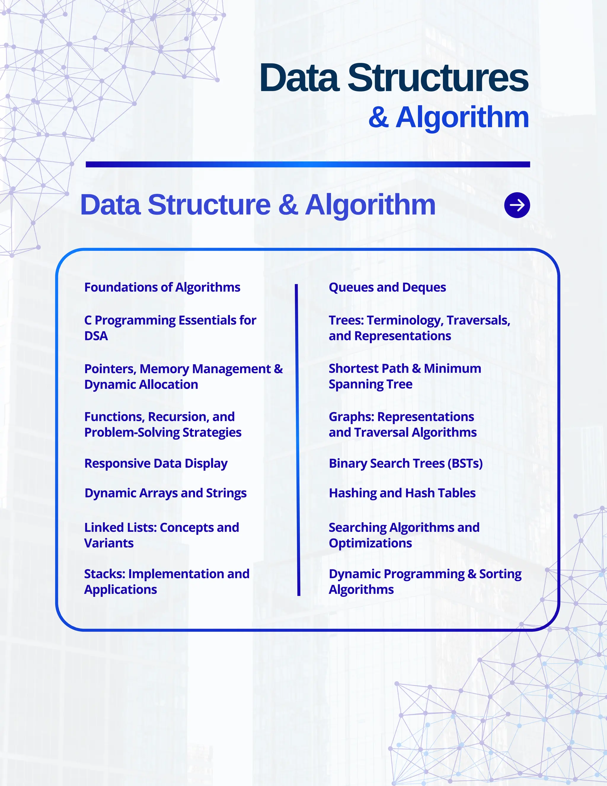 Data Structure & Algorithm Data Structures & Algorithm Foundations of Algorithms C Programming Essentials for DSA Pointers, Memory Management & Dynamic Allocation Functions, Recursion, and Problem-Solving Strategies Responsive Data Display Dynamic Arrays and Strings Linked Lists: Concepts and Variants Stacks: Implementation and Applications Queues and Deques Trees: Terminology, Traversals, and Representations Binary Search Trees (BSTs) Graphs: Representations and Traversal Algorithms Shortest Path & Minimum Spanning Tree Hashing and Hash Tables Searching Algorithms and Optimizations Dynamic Programming & Sorting Algorithms 