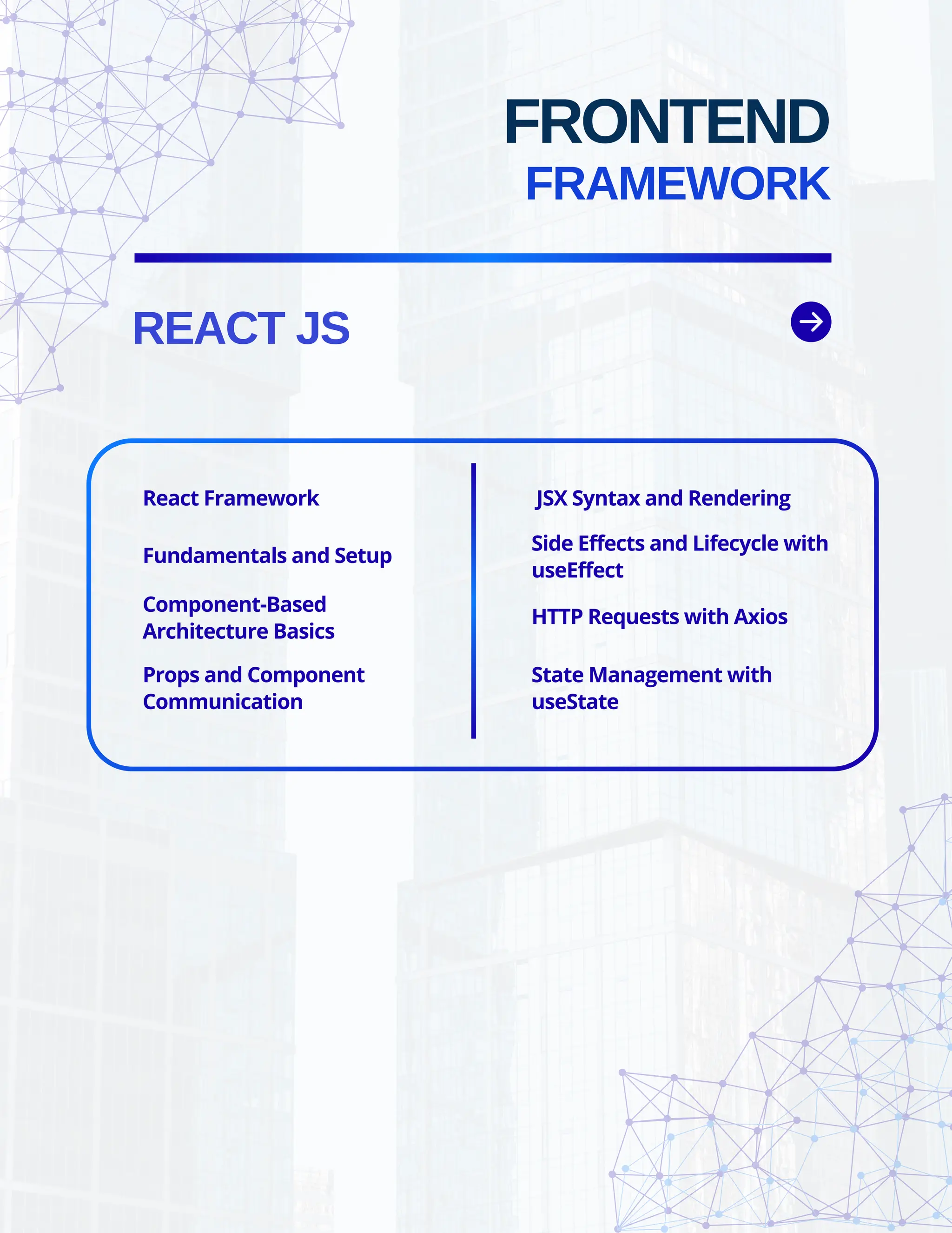REACT JS FRONTEND FRAMEWORK React Framework Component-Based Architecture Basics Props and Component Communication State Management with useState Side Effects and Lifecycle with useEffect HTTP Requests with Axios JSX Syntax and Rendering Fundamentals and Setup 