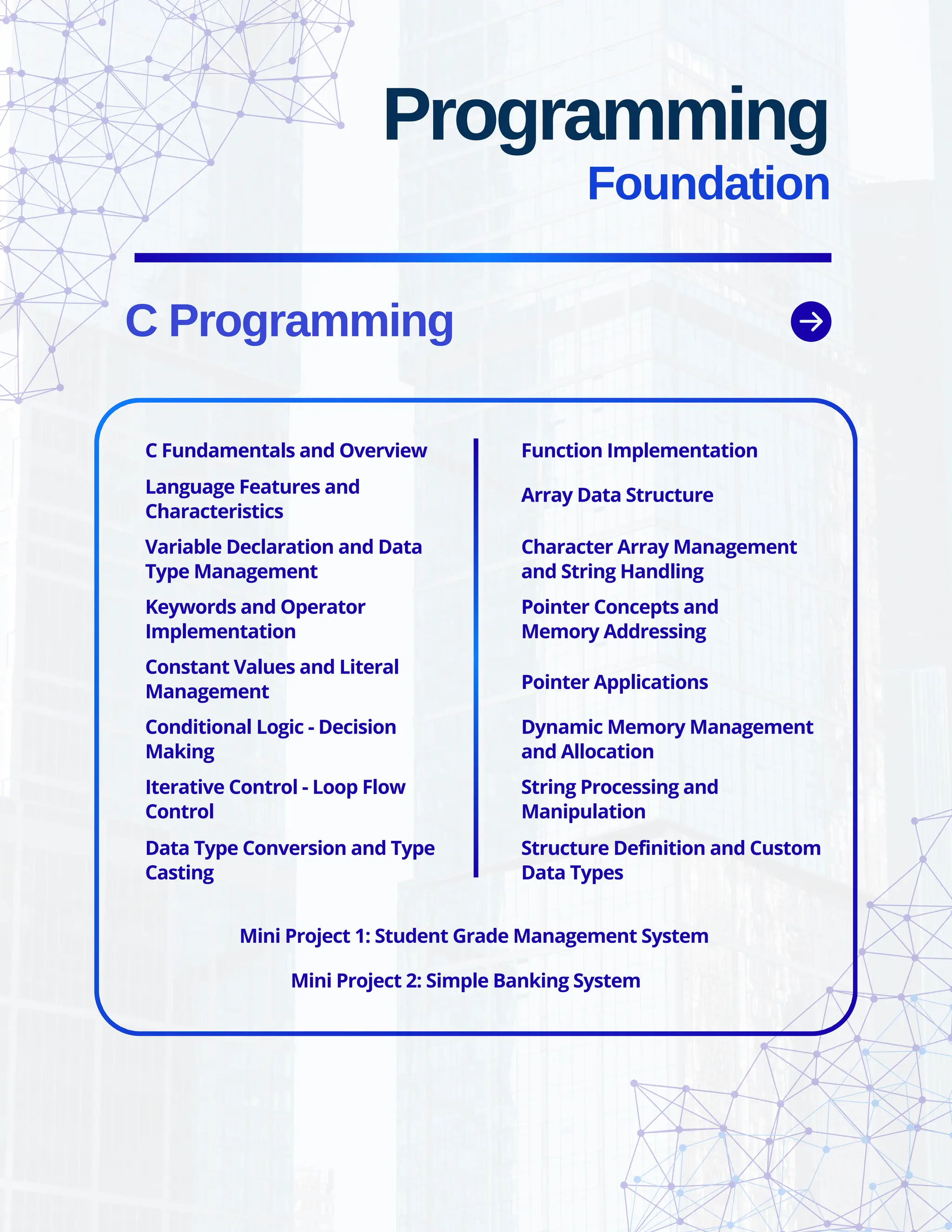 Programming Foundation C Programming C Fundamentals and Overview Language Features and Characteristics Variable Declaration and Data Type Management Keywords and Operator Implementation Constant Values and Literal Management Conditional Logic - Decision Making Iterative Control - Loop Flow Control Data Type Conversion and Type Casting Function Implementation Array Data Structure Character Array Management and String Handling Pointer Concepts and Memory Addressing Pointer Applications Dynamic Memory Management and Allocation String Processing and Manipulation Structure Definition and Custom Data Types Mini Project 1: Student Grade Management System Mini Project 2: Simple Banking System 