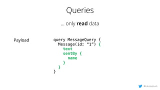 Queries
… only read data
@nikolasburk
Payload query MessageQuery {
Message(id: “1”) {
text
sentBy {
name
}
}
}
 