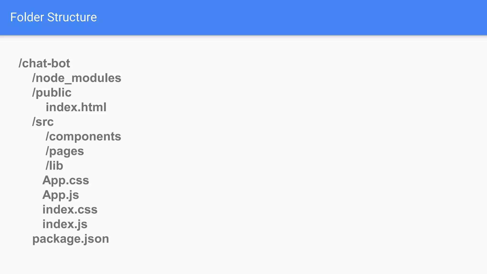 Folder Structure /chat-bot /node_modules /public index.html /src /components /pages /lib App.css App.js index.css index.js package.json 