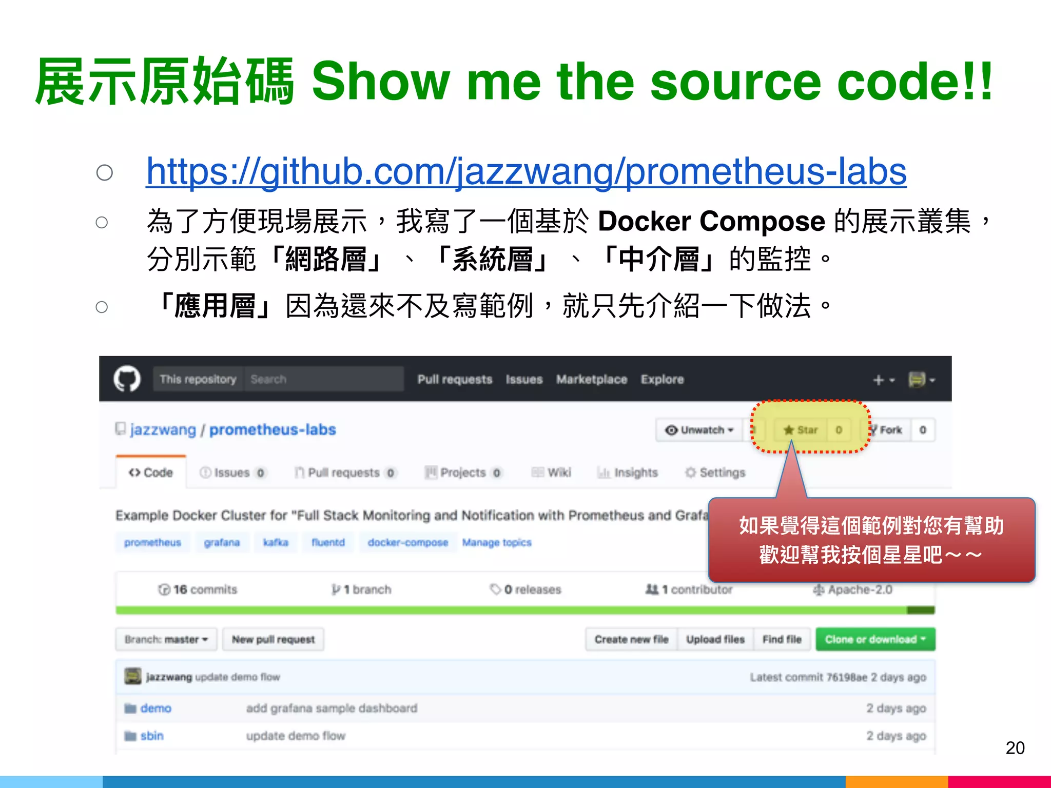 Show me the source code!!
○ https://github.com/jazzwang/prometheus-labs
○ Docker Compose
○
20
 