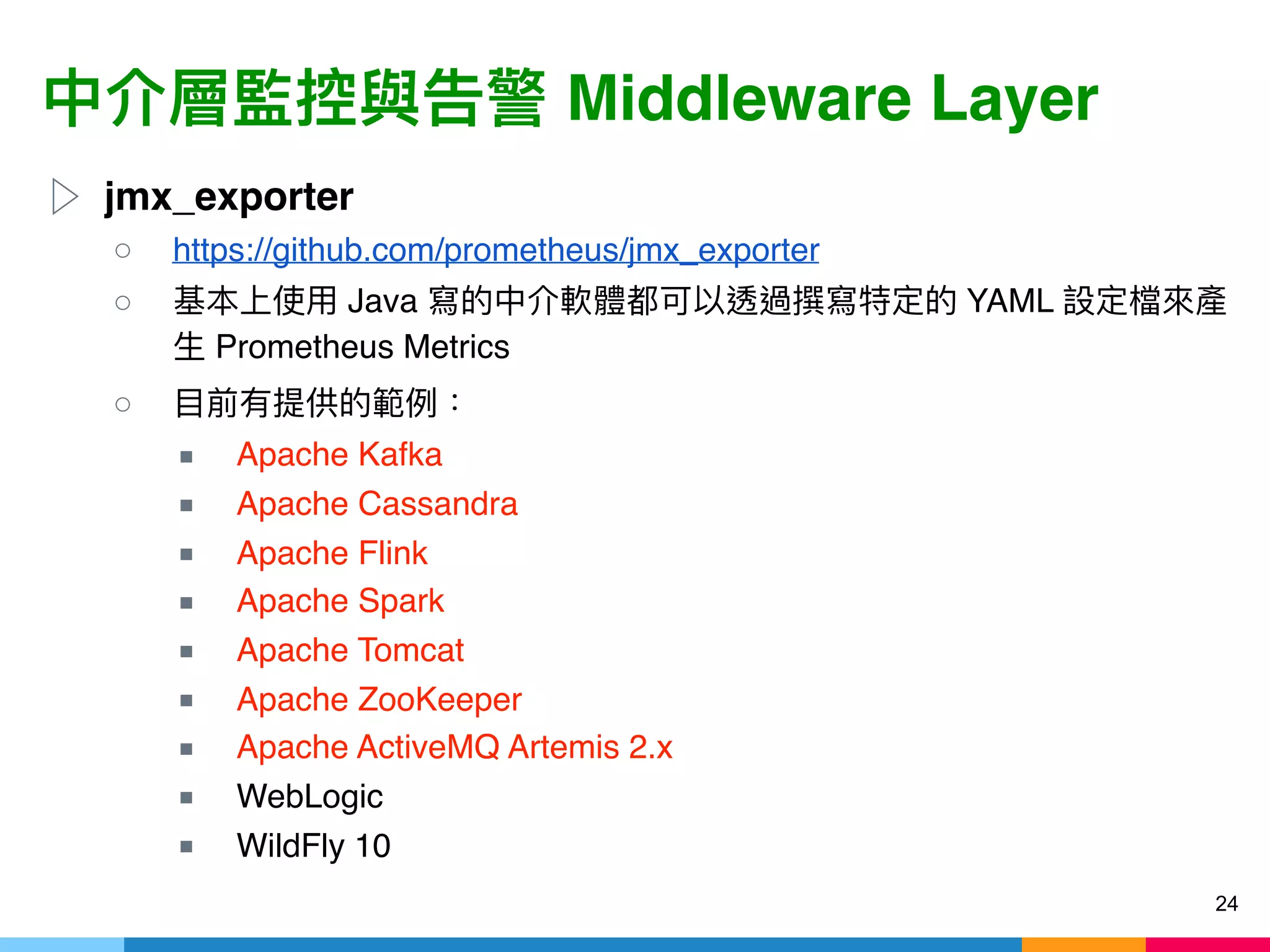 Middleware Layer
▷ jmx_exporter
○ https://github.com/prometheus/jmx_exporter
○ Java YAML
Prometheus Metrics
○
■ Apache Kafka
■ Apache Cassandra
■ Apache Flink
■ Apache Spark
■ Apache Tomcat
■ Apache ZooKeeper
■ Apache ActiveMQ Artemis 2.x
■ WebLogic
■ WildFly 10
24
 