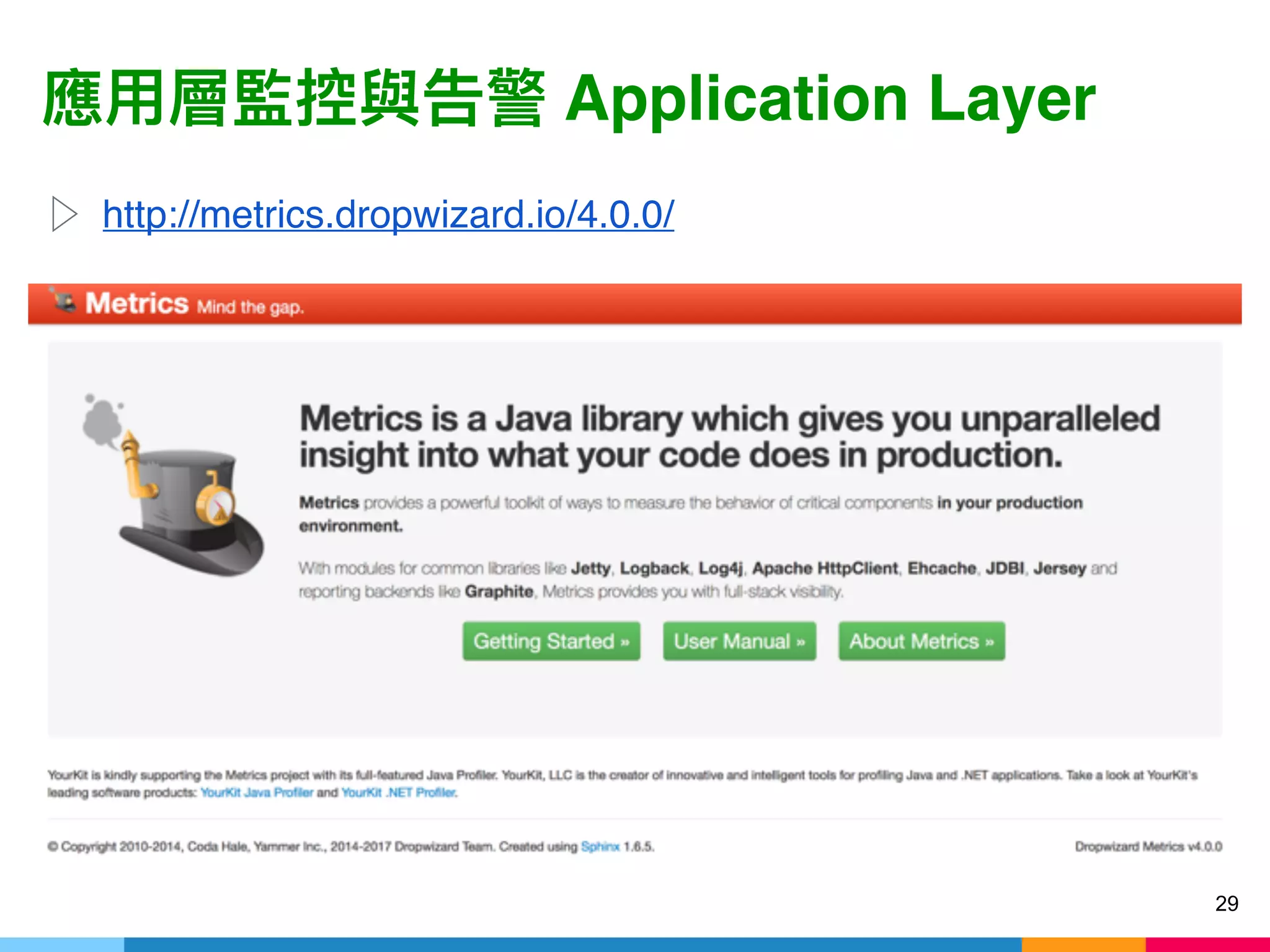 Application Layer
29
▷ http://metrics.dropwizard.io/4.0.0/
 