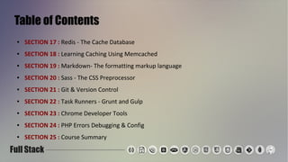 Table of Contents
● SECTION 17 : Redis - The Cache Database
● SECTION 18 : Learning Caching Using Memcached
● SECTION 19 : Markdown- The formatting markup language
● SECTION 20 : Sass - The CSS Preprocessor
● SECTION 21 : Git & Version Control
● SECTION 22 : Task Runners - Grunt and Gulp
● SECTION 23 : Chrome Developer Tools
● SECTION 24 : PHP Errors Debugging & Config
● SECTION 25 : Course Summary
 