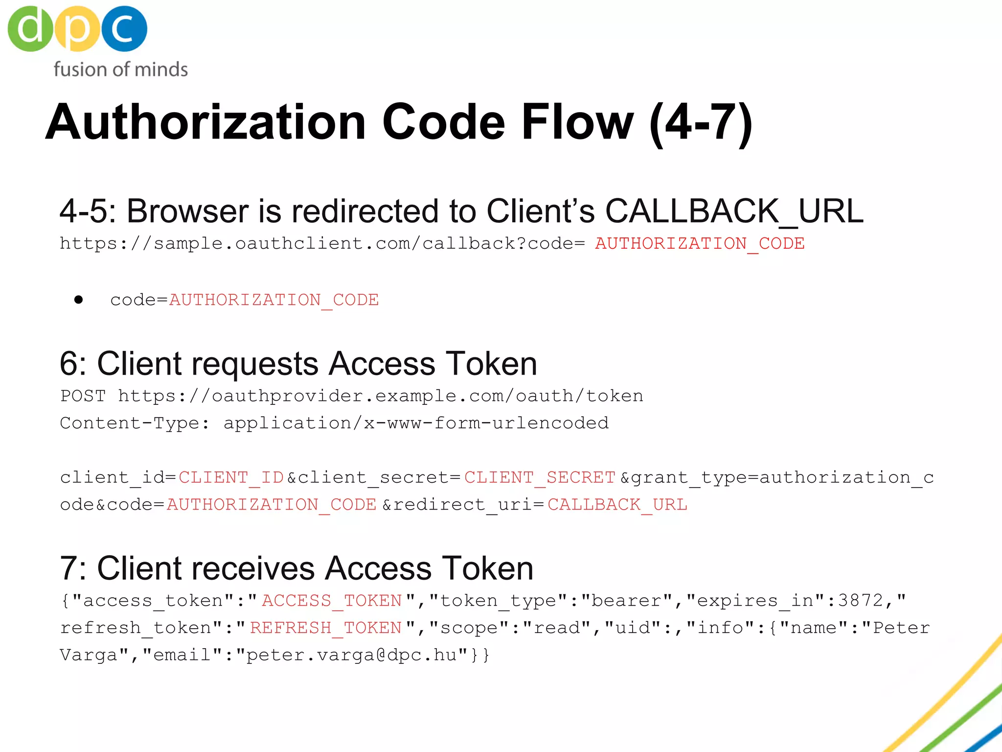 Authorization Code Flow (4-7)
4-5: Browser is redirected to Client’s CALLBACK_URL
https://sample.oauthclient.com/callback?code= AUTHORIZATION_CODE
● code=AUTHORIZATION_CODE
6: Client requests Access Token
POST https://oauthprovider.example.com/oauth/token
Content-Type: application/x-www-form-urlencoded
client_id=CLIENT_ID&client_secret= CLIENT_SECRET&grant_type=authorization_c
ode&code=AUTHORIZATION_CODE &redirect_uri= CALLBACK_URL
7: Client receives Access Token
{"access_token":" ACCESS_TOKEN","token_type":"bearer","expires_in":3872,"
refresh_token":" REFRESH_TOKEN","scope":"read","uid":,"info":{"name":"Peter
Varga","email":"peter.varga@dpc.hu"}}
 