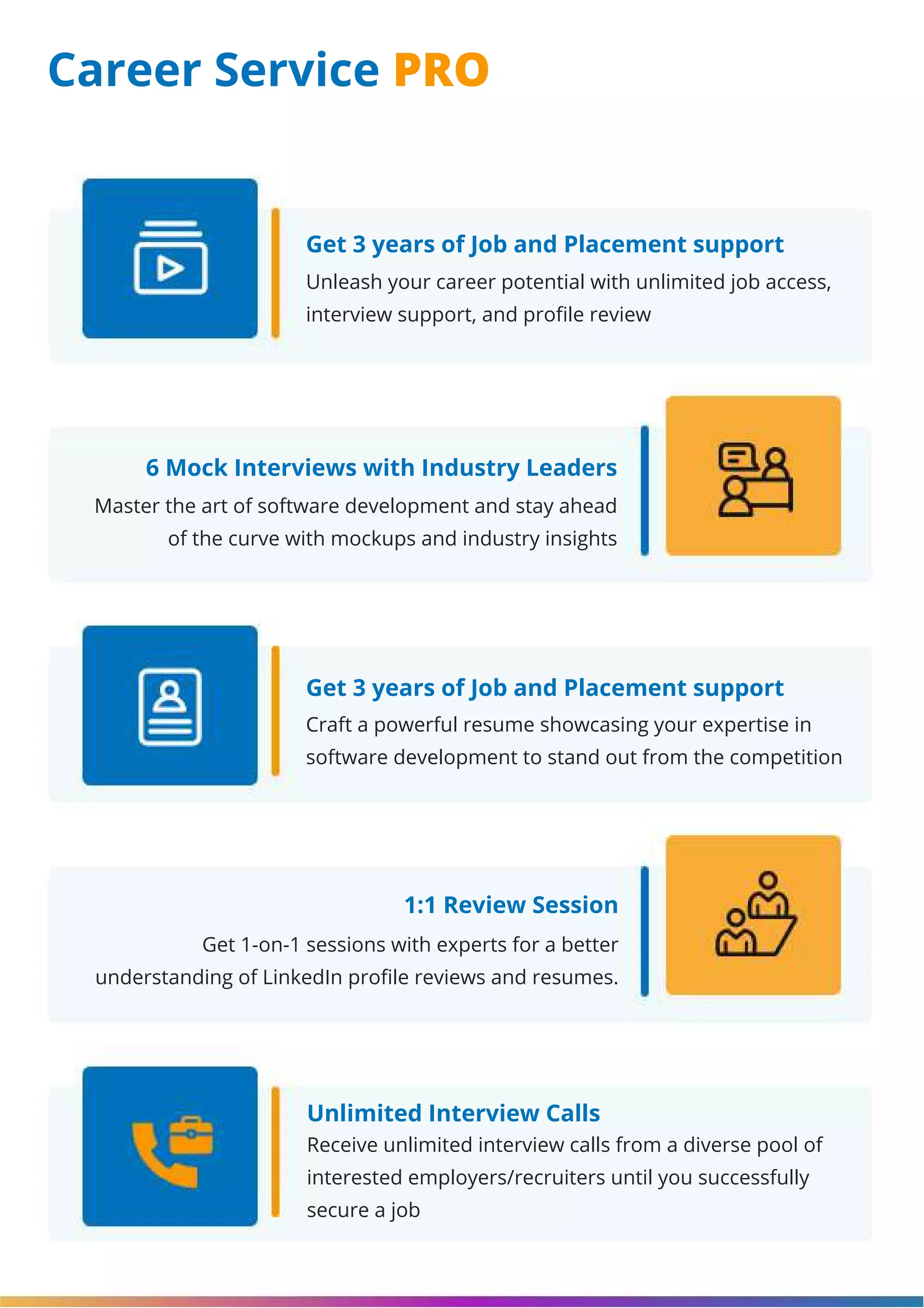Career Service PRO Get 3 years of Job and Placement support Get 3 years of Job and Placement support 6 Mock Interviews with Industry Leaders 1:1 Review Session Unlimited Interview Calls Unleash your career potential with unlimited job access, interview support, and profile review Craft a powerful resume showcasing your expertise in software development to stand out from the competition Master the art of software development and stay ahead of the curve with mockups and industry insights Get 1-on-1 sessions with experts for a better understanding of LinkedIn profile reviews and resumes. Receive unlimited interview calls from a diverse pool of interested employers/recruiters until you successfully secure a job 