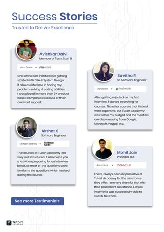 Success Stories
Trusted to Deliver Excellence
See more Testimonials
John Deere
Avishkar Dalvi
Member of Tech. Staff III
One of the best institutes for getting
started with DSA & System Design.
It also assisted me in honing my
problem-solving & coding abilities.
I was placed in more than 6+ product
based companies because of their
constant support.
Morgan Stanley
Akshat K
Software Engineer
The courses at Tutort Academy are
very well structured. It also helps you
a lot when preparing for an interview
because most of the questions were
similar to the questions which I solved
during the course.
Caratlane
Savitha R
Sr. Software Engineer
After getting rejected on my first
interview, I started searching for
courses. The other courses that I found
were expensive, but Tutort Academy
was within my budget and the mentors
are also amazing from Google,
Microsoft, Paypal, etc.
Accenture
Mohit Jain
Principal SDE
I have always been appreciative of
Tutort Academy for the assistance
they offer. I am very thankful that with
their placement assistance & mock
interviews was successfully able to
switch to Oracle.
Tutort
A C A D E M Y
 