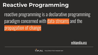 Reactive Programming
reactive programming is a declarative programming
paradigm concerned with data streams and the
propagation of change
wikipedia.org
 