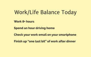 Work/Life Balance Today
Work 8+ hours
Spend an hour driving home
Check your work email on your smartphone
Finish up “one last bit” of work after dinner
 