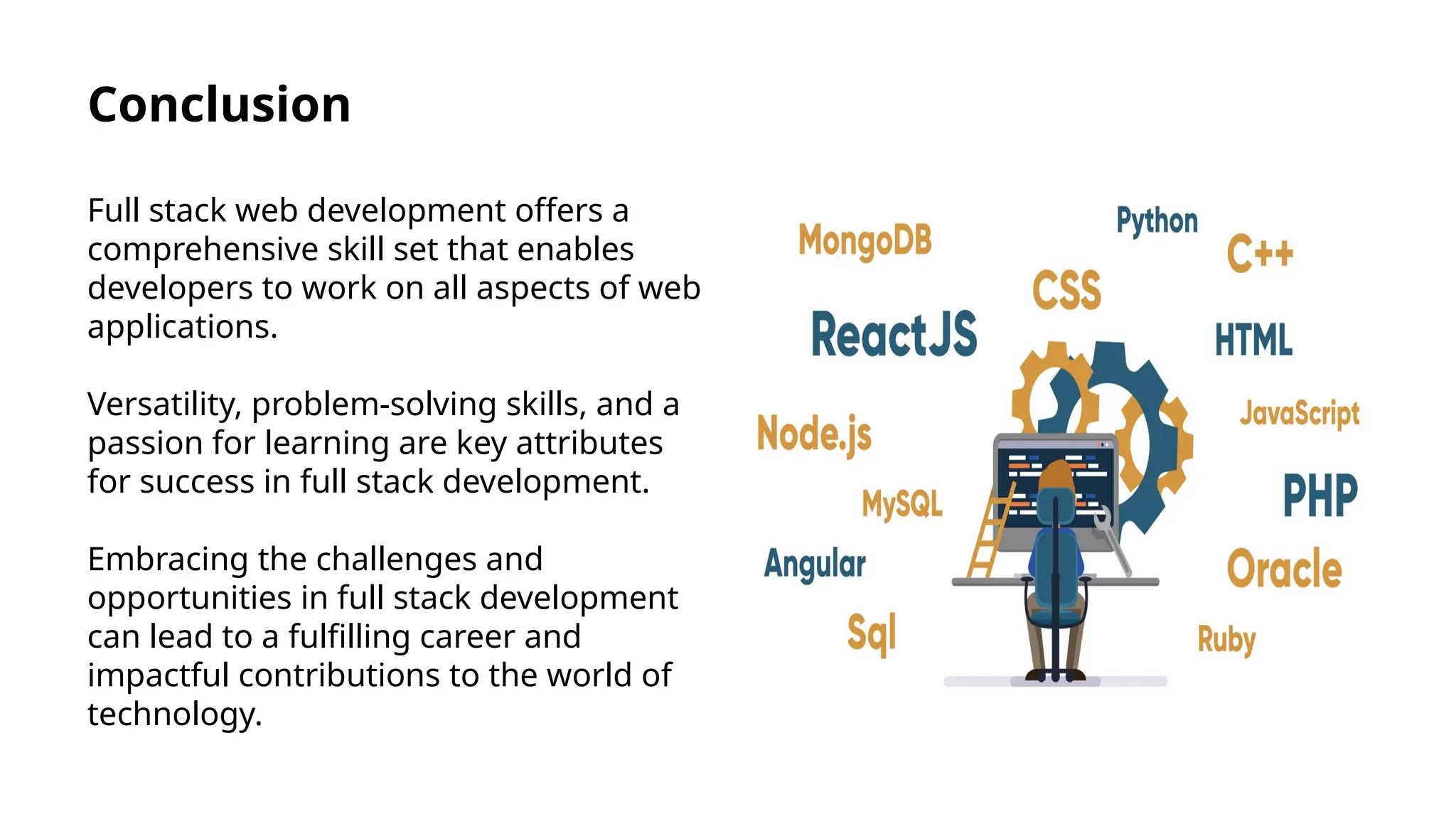 Conclusion
Full stack web development offers a
comprehensive skill set that enables
developers to work on all aspects of web
applications.
Versatility, problem-solving skills, and a
passion for learning are key attributes
for success in full stack development.
Embracing the challenges and
opportunities in full stack development
can lead to a fulfilling career and
impactful contributions to the world of
technology.
 