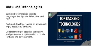 Back-End Technologies
Back-end technologies include
languages like Python, Ruby, Java, and
PHP.
Back-end developers work on server-side
logic, databases, and APIs.
Understanding of security, scalability,
and performance optimization is crucial
for back-end development.
 