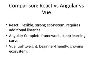 Comparison: React vs Angular vs
Vue
• React: Flexible, strong ecosystem, requires
additional libraries.
• Angular: Complete framework, steep learning
curve.
• Vue: Lightweight, beginner-friendly, growing
ecosystem.
 