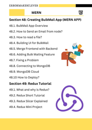 ERRORMAKESCLEVER
Section 48: Creating BulkMail App (MERN APP)
48.1. BulkMail App Overview
48.2. How to Send an Email from node?
48.3. How to read a file?
48.4. Building UI for BulkMail
48.5. Merge Frontend with Backend
48.6. Adding Bulk Mailing Feature
48.7. Fixing a Problem
48.8. Connecting to MongoDB
48.9. MongoDB Cloud
48.10 How to Deploy?
Section 49: Redux Tutorial
49.1. What and why is Redux?
49.2. Redux Short Tutorial
49.3. Redux Slicer Explained
49.4. Redux Mini Project
MERN
 