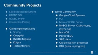 Unless otherwise indicated, these slides are © 2013-2020 vmware and licensed under a Creative Commons Attribution-NonCommercial license: http://creativecommons.org/licenses/by-nc/3.0/
Community Projects
● Specification document
● R2DBC SPI
● R2DBC Proxy
● Connection Pooling
● Client Implementations
● Spring
● Querydsl
● R2DBC Migrate
● Kotysa
● Testcontainers
● Driver Community
● Google Cloud Spanner
● H2
● Microsoft SQL Server
● MySQL Driver (r2dbc-mysql,
jasync-sql)
● MariaDB
● PostgreSQL
● SAP Hana
● Oracle (work in progress)
● DB2 (work in progress)
19
 
