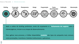 Briefing
F U L L T A L K S / P R O C E S S O S
Preparação
(kick-off)
Planejamento Design Programação Testes
(homologação)
Publicação Manutenção
• Após a coleta do briefing preliminar, envio do orçamento e o fechamento do negócio com o
cliente/agência, iniciam-se as etapas de desenvolvimento.
• Para agilizar esse processo, a Fullbar disponibiliza modelos dos tipos de campanha mais comuns,
como promoções, incentivos e hotsites institucionais e aplicativos.
 