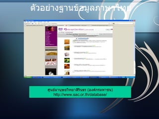ตัวอย่างฐานข้อมูลภาษาไทย ศูนย์มานุษยวิทยาสิรินธร  ( องค์กรมหาชน ) http://www.sac.or.th/database/ 