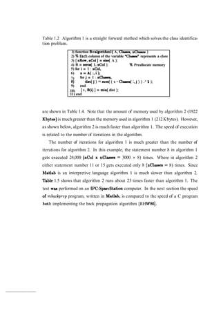 Table 1.2 Algorithm 1 is a straight forward method which solves the class identifica-
tion problem.
1) function B=algorithml( A, Clseeerr, nClasses )
2) % Each column of the variable "Clesseenrepresents a class
3) [ n b w , nCol ] = size( A );
4) B = sem(1, nCol ); % Preallocate memory
5) for i = 1: nCol,
6) x = A ( : , i ) ;
7) for j = 1 : nclaeses,
8) dist( j ) = sum( ( x - Claeses( :,j ) ) .- 2 );
9) end
10) [ v, B(i) ] = min( dist );
11) end
are shown in Table 1.4. Note that the amount of memory used by algorithm 2 (1922
Kbytes) is muchgreater than the memory used in algorithm 1 (212 Kbytes). However,
as shown below, algorithm 2 is much faster than algorithm 1. The speed of execution
is related to the number of iterations in the algorithm.
The number of iterations for algorithm 1 is much greater than the number of
iterations for algorithm 2. In this example, the statement number 8 in algorithm 1
gets executed 24,000 (nCol x nClasses = 3000 x 8) times. Where in algorithm 2
either statement number 11 or 15 gets executed only 8 (nclasses = 8) times. Since
hdatlab is an interpretive language algorithm 1 is much slower than algorithm 2.
Table 1.5 shows that algorithm 2 runs about 23 times faster than algorithm 1. The
test waa performed on an IPC-SparcStation computer. In the next section the speed
of mbackpmp program, written in Matlab, is compared to the speed of a C program
bloth implementing the back propagation algorithm [RHW861.
 