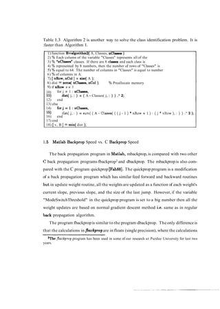 Table 1.3 Algorithm 2 is another way to solve the class identification problem. It is
:faster than Algorithm 1.
1) function B=algorithm2( A, Classes, nClasses )
2) % Each column of the variable "Classesn
represents all of the
3) % "nclasses" classes. If there are 8 clasaea and each class is
4) % represented by 8 numbers, then the number of rows of "Classes" is
5) % equal to 64. The number of columns in "Classes" is equal to number
6) % of columns in A.
7) [ n b w , nCol ] = size( A );
8) dist = zeros( nclasses, nCol ); % Preallocate memory
9) if n b w == 1
10) for j = 1 : nclasses,
11) dist( j, : ) = ( A - Classes( j, : ) ) .' 2;
12) end
13) else
14) forj=l:nClasses,
15) dist(j,:)=sum((A-Classes(((j-l)*nRow+l):(j*nRow),:)) . - 2 ) ;
16) end
17) end
18) [ v, B ] = min( dist );
yll.5 Matlab Backprop Speed vs. C Backprop Speed
The back propagation program in Matlab, mbackprop, is compared with two other
(Z back propagation programs fbackprop2
and dbackprop. The mbackprop is also com-
pared with the C program quickprop [Fah88]. The quickprop program is a modification
of a back propagation program which has similar feed forward and backward routines
but in update weight routine, all the weights are updated as a function of each weight's
current slope, previous slope, and the size of the last jump. However, if the variable
"ModeSwitchThreshold" in the quickprop program is set to a big number then all the
weight updates are based on normal gradient descent method i.e. same as in regular
back propagation algorithm.
The program fbackprop is similar to the program dbackprop. The only differenceis
that the calculations in fbackpmpare in floats (single precision), where the calculations
aThe jbaekprop program has been used in some of our research at Purdue University for last two
years.
 