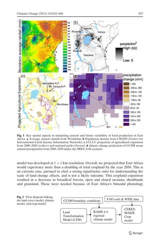 Climatic Change (2012) 110:823–844                                                            827




Fig. 1 Key spatial aspects in simulating current and future variability of food production in East
Africa. a Average annual rainfall from Worldclim; b Population density from CIESIN (Center for
International Earth Science Information Network); c LCLUC projection of agricultural expansion
from 2000–2050 (yellow) and national parks (brown); d climate change projection of CCSM mean
annual precipitation from 2000–2050 under the SRES A1B scenario



model was developed at 1 × 1 km resolution. Overall, we projected that East Africa
would experience more than a doubling of total cropland by the year 2050. This is
an extreme case, pursued to elicit a strong signal/noise ratio for understanding the
scale of land change effects, and is not a likely outcome. This cropland expansion
resulted in a decrease in broadleaf forests, open and closed savanna, shrublands
and grassland. These were needed because of East Africa’s bimodal phenology


Fig. 2 Flow diagram linking
the land cover model, climate        CCSM boundary conditions        FAO soils & WISE data
model, and crop model
                                                                                   CERES-
                                     Land                  RAMS 4.4                MAIZE
                                     Transformation        regional                Crop
                                     Model (LTM)           climate model           model
 