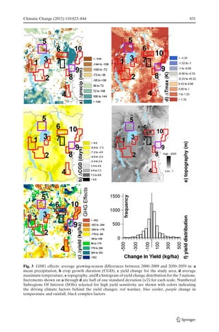 Climatic Change (2012) 110:823–844                                                              831




Fig. 3 GHG effects: average growing-season differences between 2000–2009 and 2050–2059 in: a
mean precipitation, b crop growth duration (CGD), c yield change for the study area, d average
maximum temperature, e topography, and f a histogram of yield change distribution for the 5 nations.
Increments shown on a through d are half of one standard deviation (s/2) for each scale. Numbered
Subregions Of Interest (SOIs) selected for high yield sensitivity are shown with colors indicating
the driving climate factors behind the yield changes: red warmer, blue cooler, purple change in
temperature and rainfall, black complex factors
 